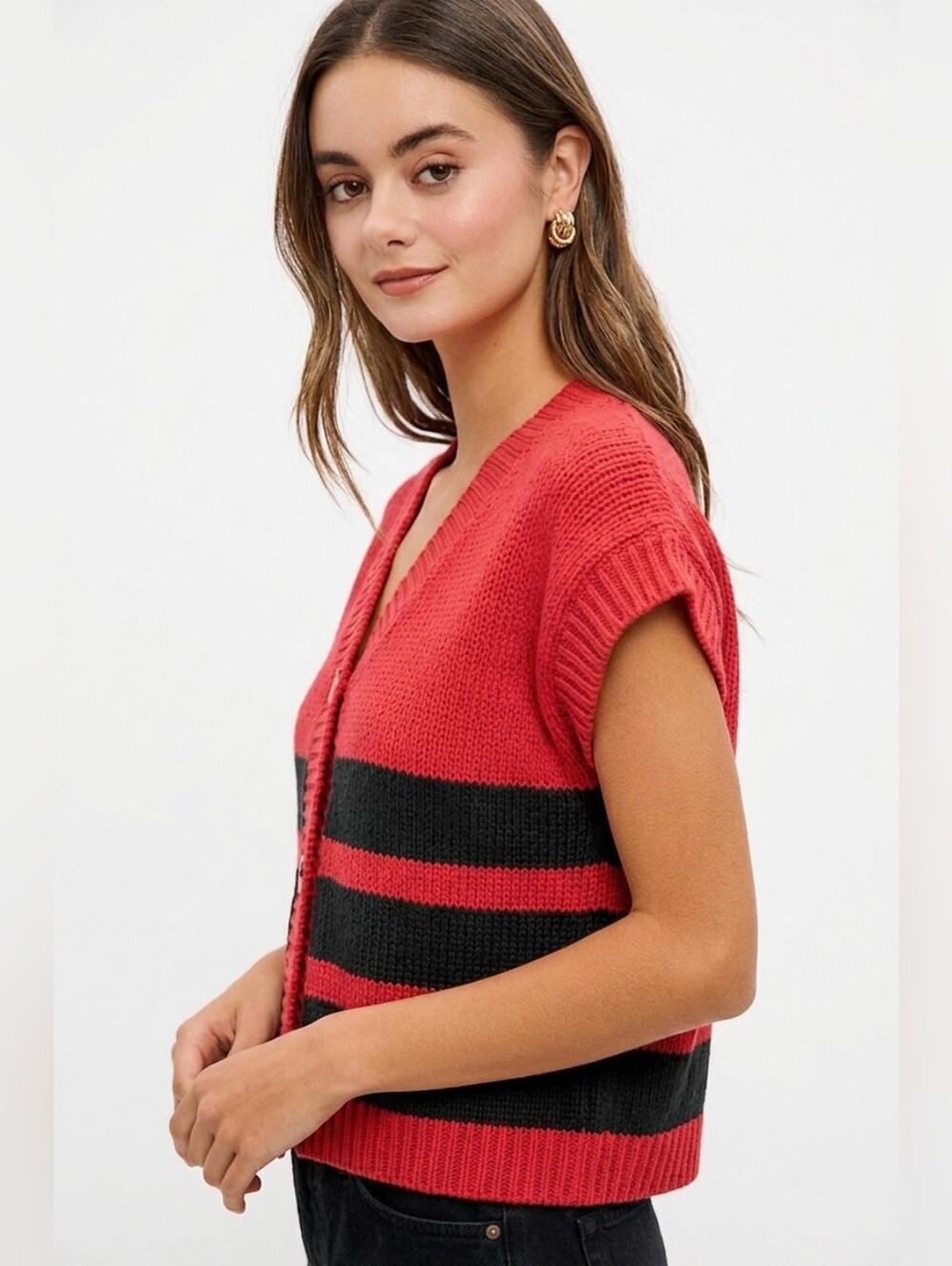 BiBi Game Day Theme Stripe Buttoned V Neck Knit Cardigan-Red/Black - Picture 3 of 5